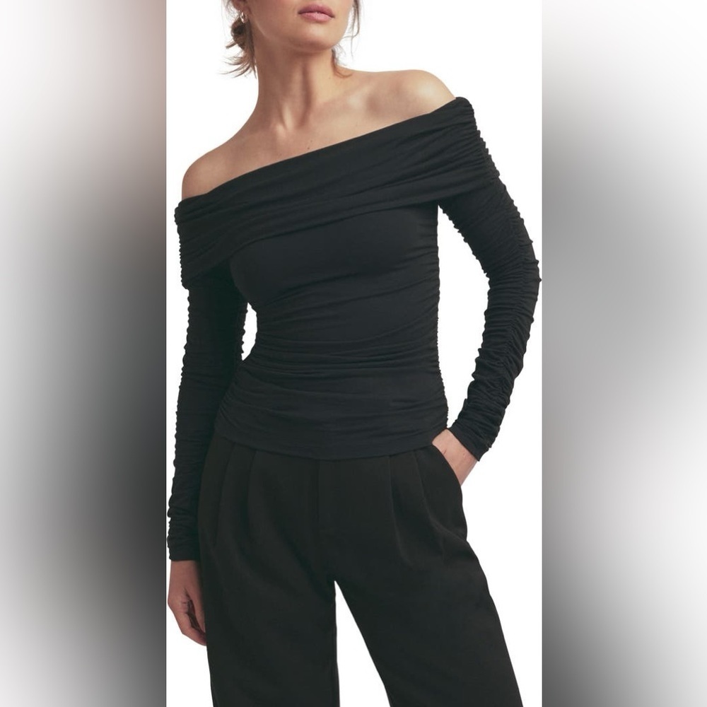 Favorite Daughter Night Out Ruched Off The Shoulder Top Size XL Black Bodycon